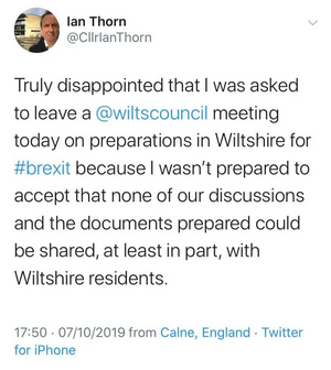 Image courtesy of Ian Thorn, Liberal Democrats Ian Thorn - Removed from Wiltshire Council Meeting Tweet